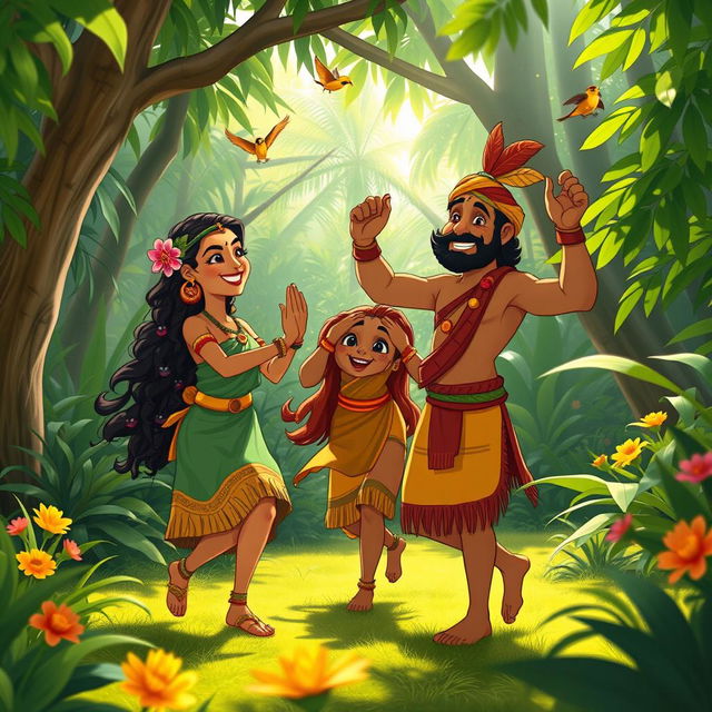 An animated scene depicting a vibrant jungle where three tribal members are joyfully dancing together