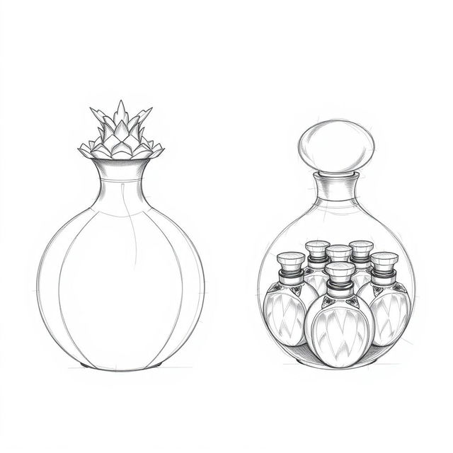 Two detailed pencil sketches illustrating a unique perfume bottle design shaped like a pomegranate, divided into two parts