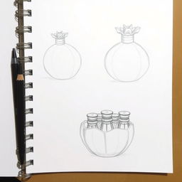 Two detailed pencil sketches illustrating a unique perfume bottle design shaped like a pomegranate, divided into two parts