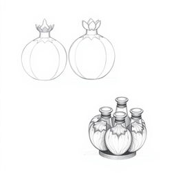 Two detailed pencil sketches illustrating a unique perfume bottle design shaped like a pomegranate, divided into two parts