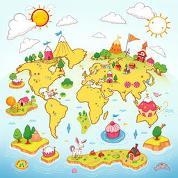 A colorful cartoon-style world map that emphasizes fun and whimsy