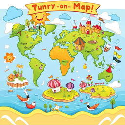 A colorful cartoon-style world map that emphasizes fun and whimsy