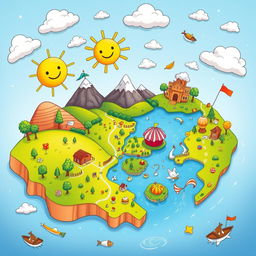 A colorful cartoon-style world map that emphasizes fun and whimsy