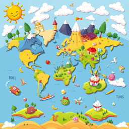 A colorful cartoon-style world map that emphasizes fun and whimsy