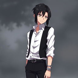 A fantasy anime-style illustration of a tall character, slightly older, with black, slicked back hair and tired, lifeless, dead fish eyes that convey a sense of exhaustion and depth