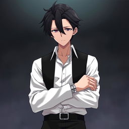 A fantasy anime-style illustration of a tall character, slightly older, with black, slicked back hair and tired, lifeless, dead fish eyes that convey a sense of exhaustion and depth