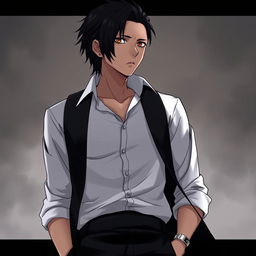 A fantasy anime-style illustration of a tall character, slightly older, with black, slicked back hair and tired, lifeless, dead fish eyes that convey a sense of exhaustion and depth