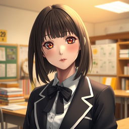 A realistic portrayal of a Japanese schoolteacher girl, featuring characteristic bangs and large expressive eyes