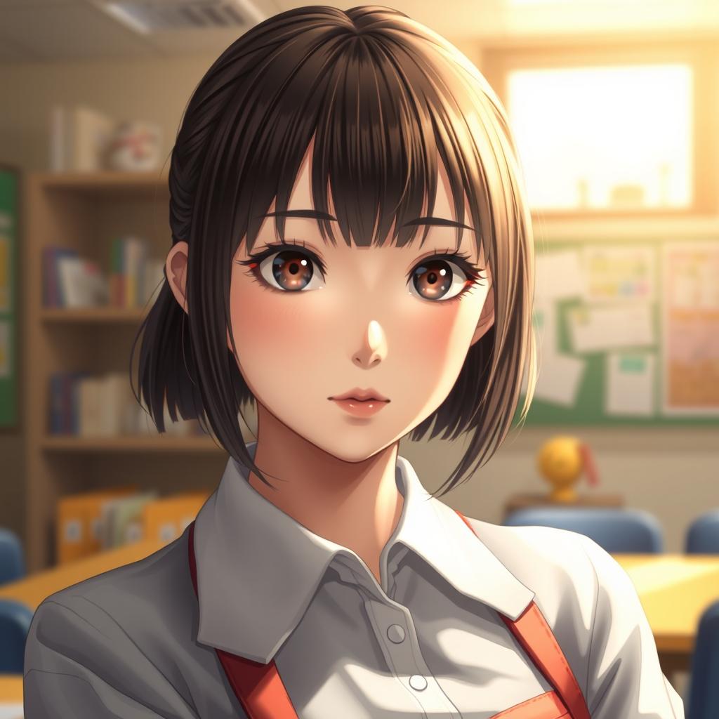 A realistic portrayal of a Japanese schoolteacher girl, featuring characteristic bangs and large expressive eyes