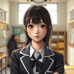A realistic portrayal of a Japanese schoolteacher girl, featuring characteristic bangs and large expressive eyes