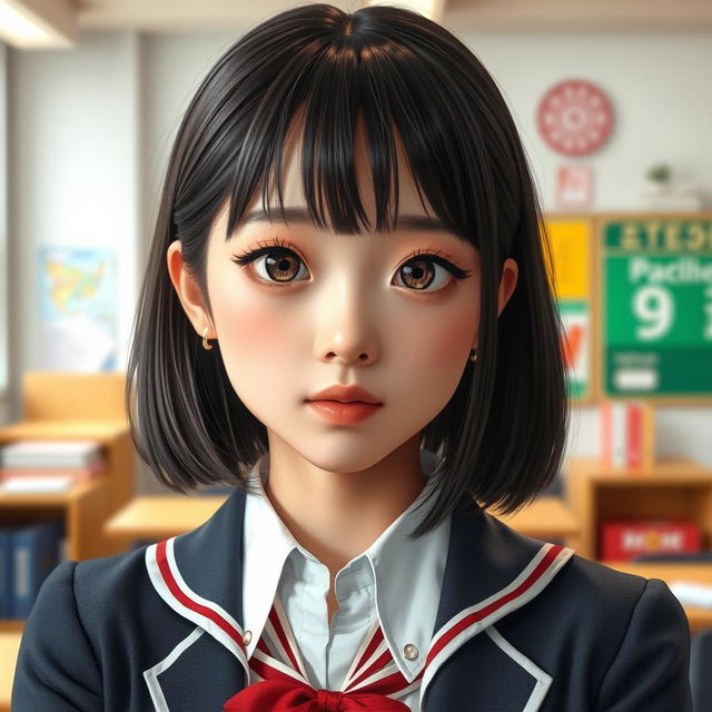 A realistic portrayal of a Japanese schoolteacher girl, featuring characteristic bangs and large expressive eyes