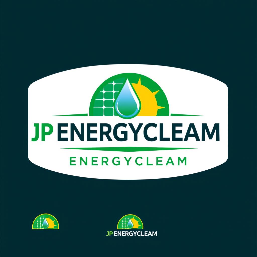 A modern and professional logo design for 'JP ENERGYCLEAM', a company specializing in the washing and maintenance of solar panels