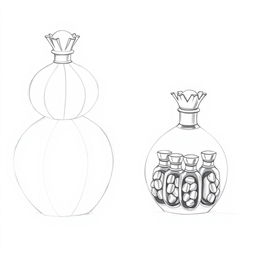 Two pencil sketches illustrating a distinct perfume bottle design in the shape of a pomegranate, carefully divided into two halves