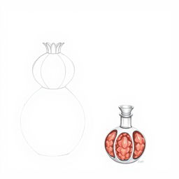 Two pencil sketches illustrating a distinct perfume bottle design in the shape of a pomegranate, carefully divided into two halves