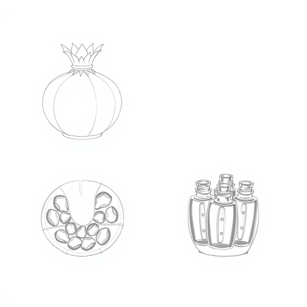 Two pencil sketches illustrating a distinct perfume bottle design in the shape of a pomegranate, carefully divided into two halves