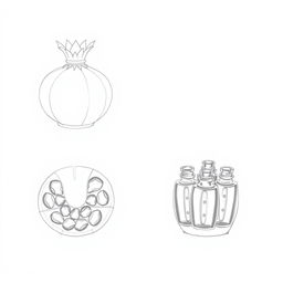 Two pencil sketches illustrating a distinct perfume bottle design in the shape of a pomegranate, carefully divided into two halves