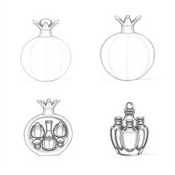 Two pencil sketches illustrating a distinct perfume bottle design in the shape of a pomegranate, carefully divided into two halves