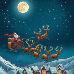 Santa Claus soaring through the night sky in his ornate sleigh, pulled by a team of magical reindeer, under a starry Christmas night