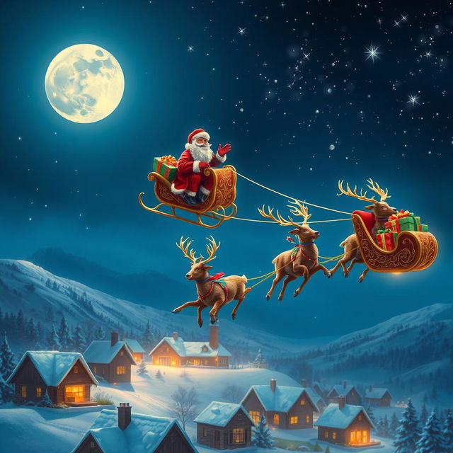 Santa Claus soaring through the night sky in his ornate sleigh, pulled by a team of magical reindeer, under a starry Christmas night