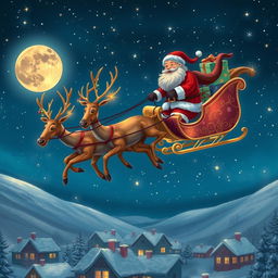 Santa Claus soaring through the night sky in his ornate sleigh, pulled by a team of magical reindeer, under a starry Christmas night