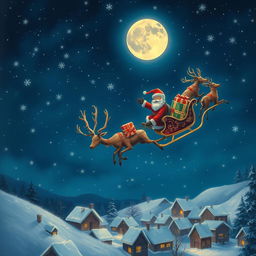 Santa Claus soaring through the night sky in his ornate sleigh, pulled by a team of magical reindeer, under a starry Christmas night