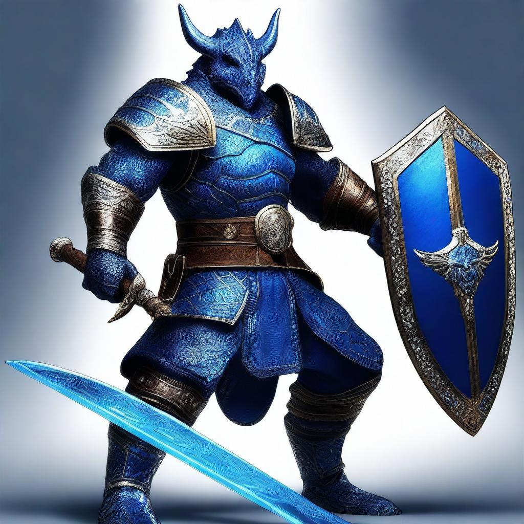 A digital art image of a sapphire Dragonborn warrior, holding a gleaming sword in one hand and a sturdy shield in the other