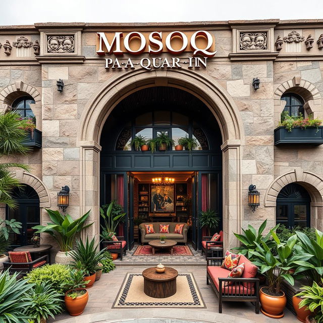 A luxurious hostel named 'MOSOQ P A Q A R I N,' designed with a captivating Andean theme inspired by Cusco's rich cultural environment