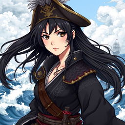 An illustration of a 24-year-old Japanese pirate-samurai woman, exuding strength and confidence