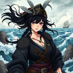 An illustration of a 24-year-old Japanese pirate-samurai woman, exuding strength and confidence