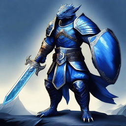 A digital art image of a sapphire Dragonborn warrior, holding a gleaming sword in one hand and a sturdy shield in the other