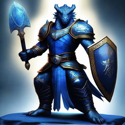 A digital art image of a sapphire Dragonborn warrior, holding a gleaming sword in one hand and a sturdy shield in the other