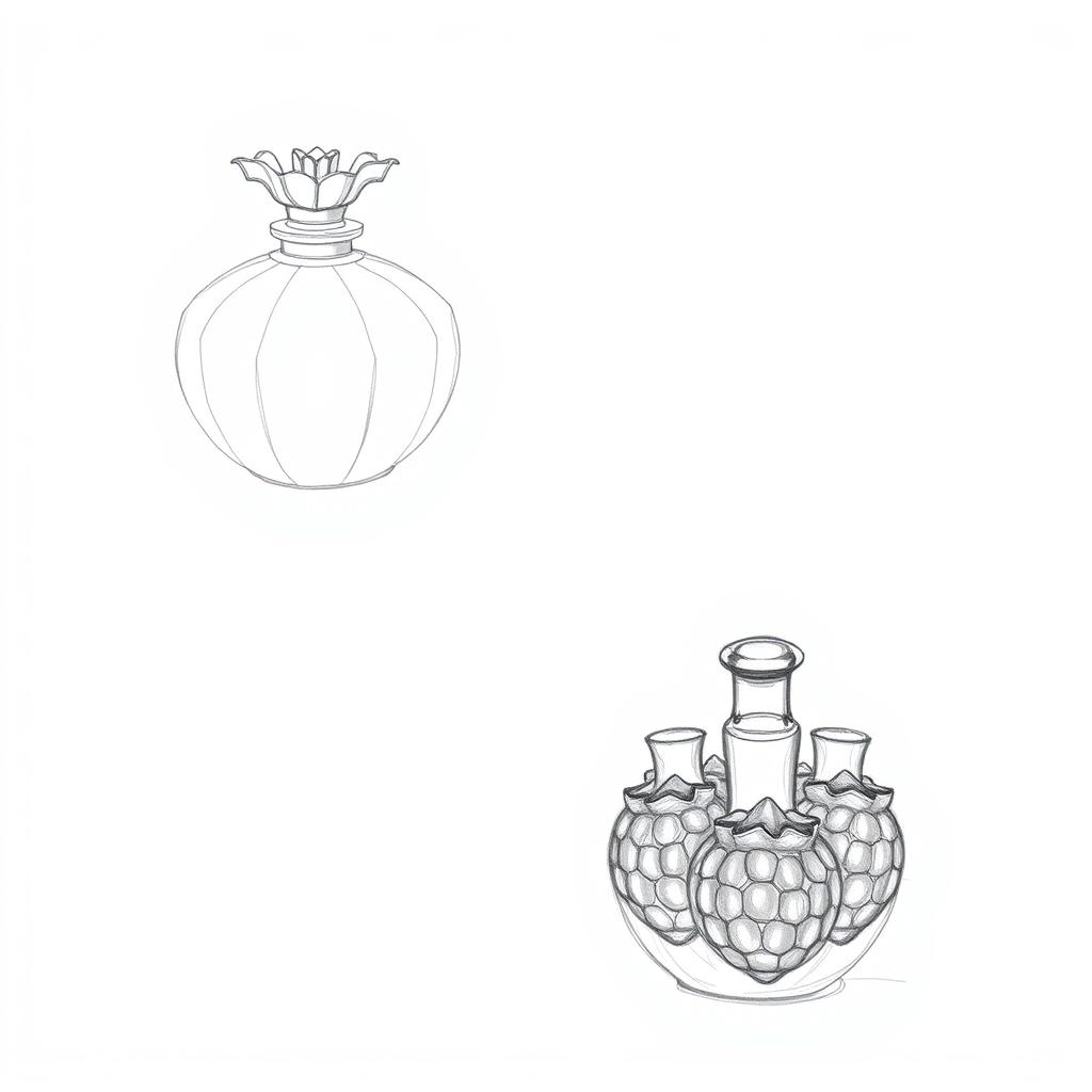 Two pencil sketches illustrating a perfume bottle design inspired by a pomegranate, designed with two distinct halves