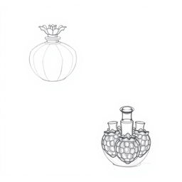 Two pencil sketches illustrating a perfume bottle design inspired by a pomegranate, designed with two distinct halves