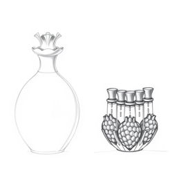 Two pencil sketches illustrating a perfume bottle design inspired by a pomegranate, designed with two distinct halves