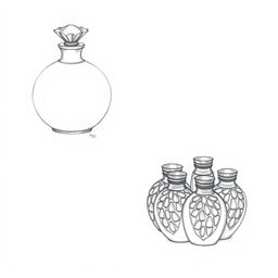Two pencil sketches illustrating a perfume bottle design inspired by a pomegranate, designed with two distinct halves