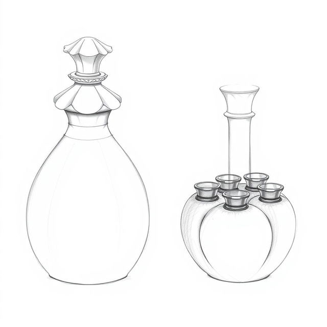 Two pencil sketches illustrating a perfume bottle design inspired by a pomegranate, designed with two distinct halves