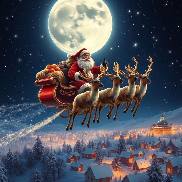 A photo-realistic depiction of Santa Claus flying through the night sky in his sleigh, pulled by a majestic team of reindeer