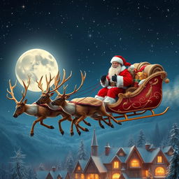 A photo-realistic depiction of Santa Claus flying through the night sky in his sleigh, pulled by a majestic team of reindeer