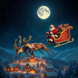 A photo-realistic depiction of Santa Claus flying through the night sky in his sleigh, pulled by a majestic team of reindeer