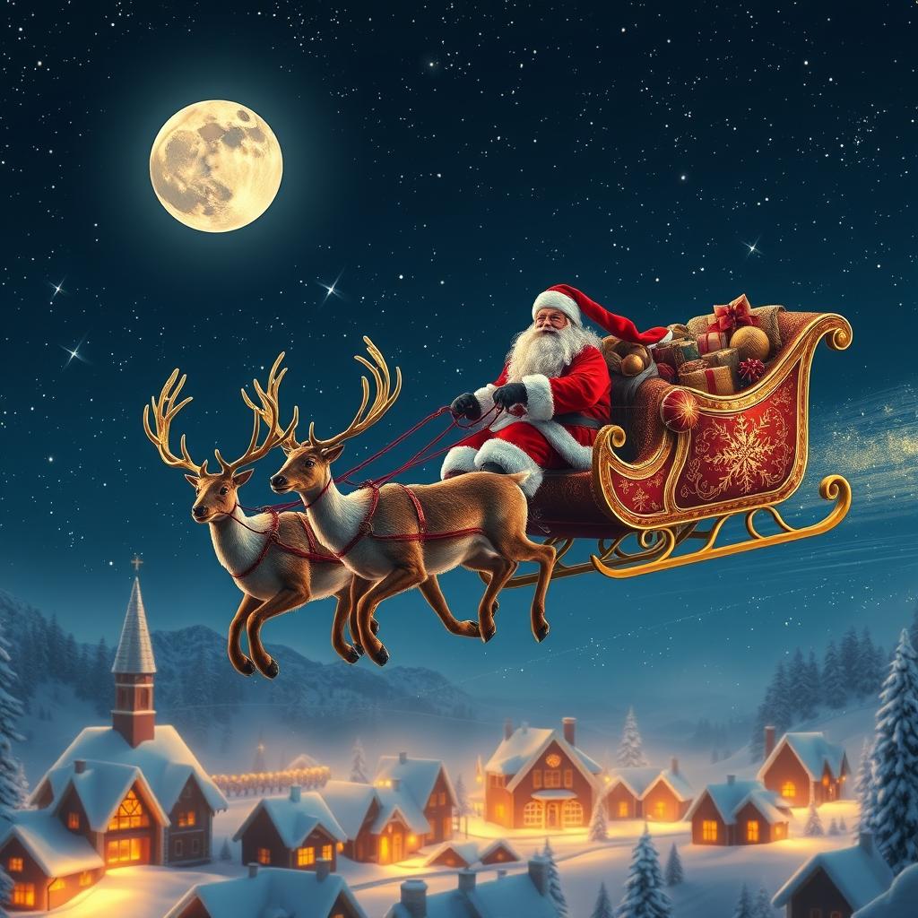 A photo-realistic depiction of Santa Claus flying through the night sky in his sleigh, pulled by a majestic team of reindeer