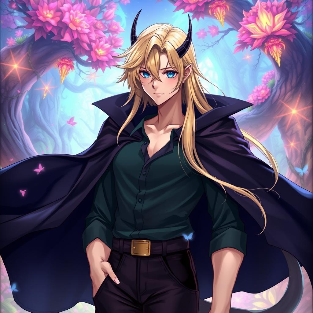 A fantasy anime-style illustration of a tall and beautiful male character with fair skin, striking blue eyes, and sleek, long blond hair that flows elegantly