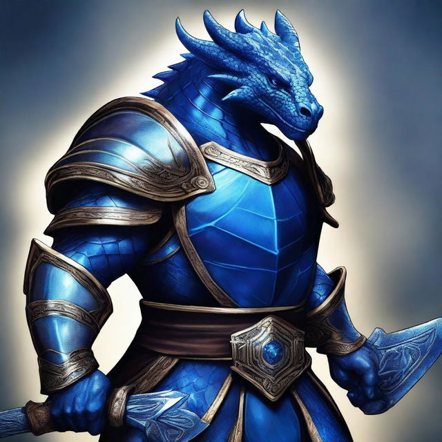 A digital art image of a sapphire Dragonborn warrior, holding a gleaming sword in one hand and a sturdy shield in the other