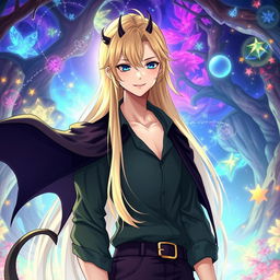 A fantasy anime-style illustration of a tall and beautiful male character with fair skin, striking blue eyes, and sleek, long blond hair that flows elegantly