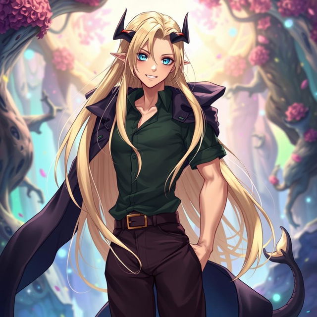 A fantasy anime-style illustration of a tall and beautiful male character with fair skin, striking blue eyes, and sleek, long blond hair that flows elegantly