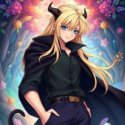 A fantasy anime-style illustration of a tall and beautiful male character with fair skin, striking blue eyes, and sleek, long blond hair that flows elegantly