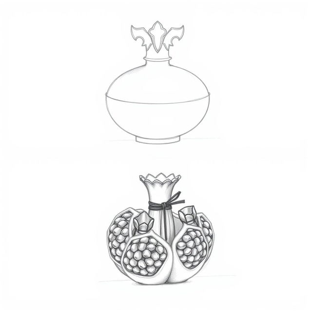 Two pencil sketches depicting a perfume bottle design inspired by a pomegranate, split into two halves