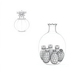Two pencil sketches depicting a perfume bottle design inspired by a pomegranate, split into two halves