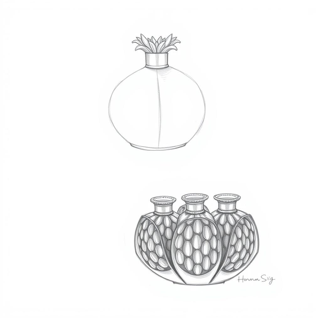 Two pencil sketches depicting a perfume bottle design inspired by a pomegranate, split into two halves