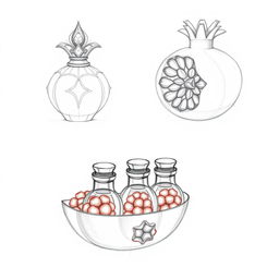 Two pencil sketches depicting a perfume bottle design inspired by a pomegranate, split into two halves