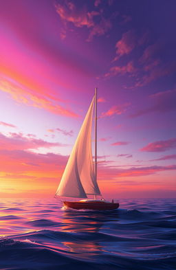 A stunning digital painting depicting a boat sail gracefully gliding on the sea against a backdrop of a vibrant dusky sky